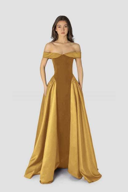 Dreamy Satin Sleeveless Off the Shoulder A-Line Long Evening Dress