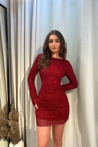 Red Long Sleeves Beads Short Prom Dress