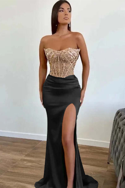 Green Applique Beadings Mermaid Prom Dress Slit With Strapless