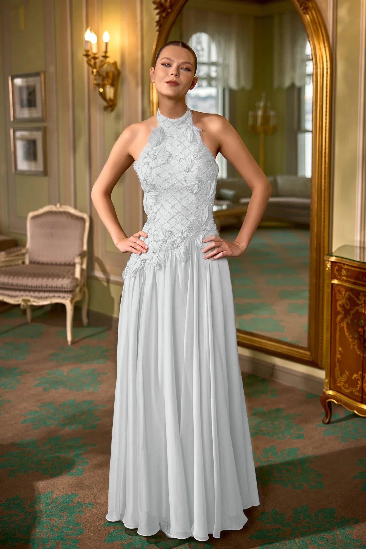 Halter Evening Dress Floor Length Sheath with Beading and Flower