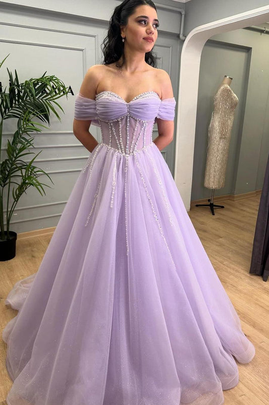 Exquisite Purple Tulle Off the Shoulder Strapless Prom Dress with Rhinestone