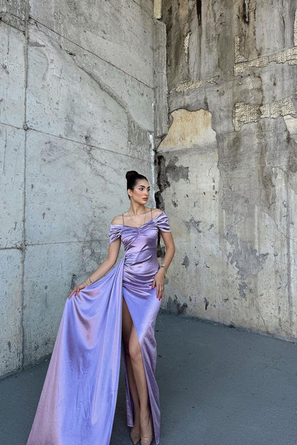 Stunning Purple Satin Off the Shoulder Sleeveless Prom Dress with High Split