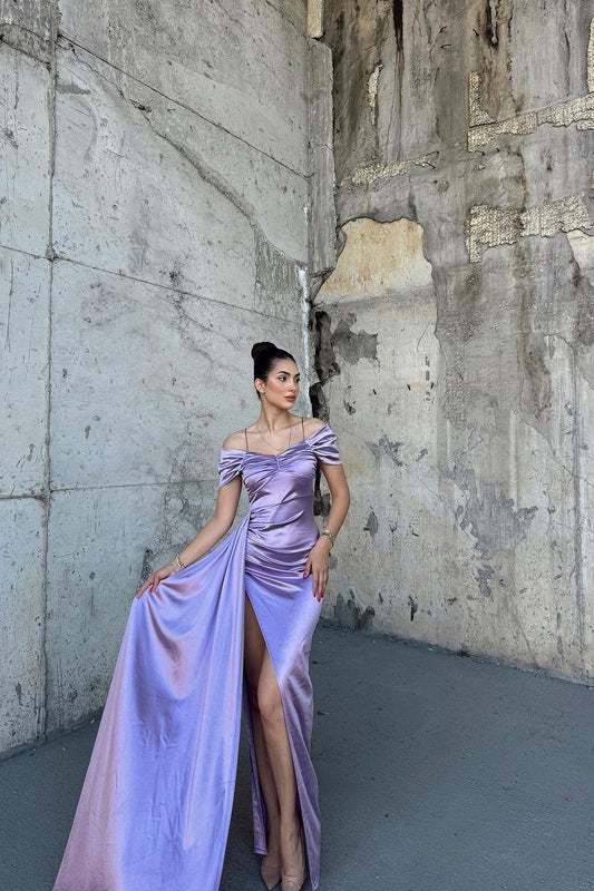 Stunning Purple Satin Off the Shoulder Sleeveless Prom Dress with High Split