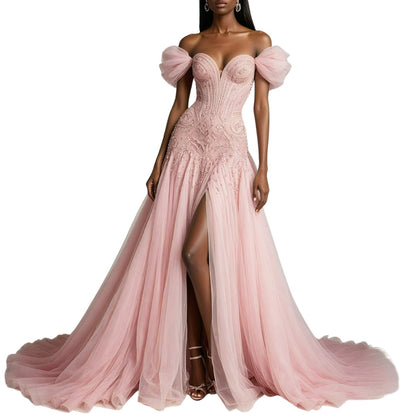 Sleeveless Embroidery Strapless V-Neck Off-Shoulders Prom Dress