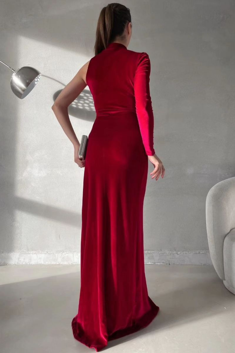 Charming Black Velvet One Shoulder Long Sleeves Long Prom Dress with High Split