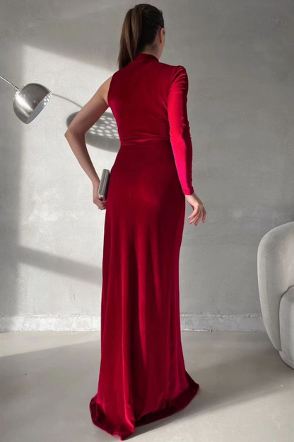 Charming Black Velvet One Shoulder Long Sleeves Long Prom Dress with High Split
