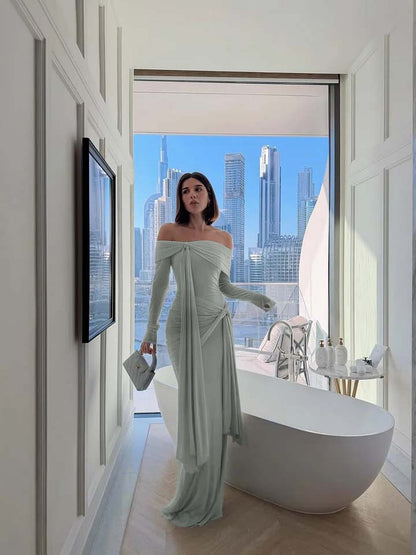 Chic Sky Blue Off-The-Shoulder Long Sleeves Pleated Chiffon Evening Dress