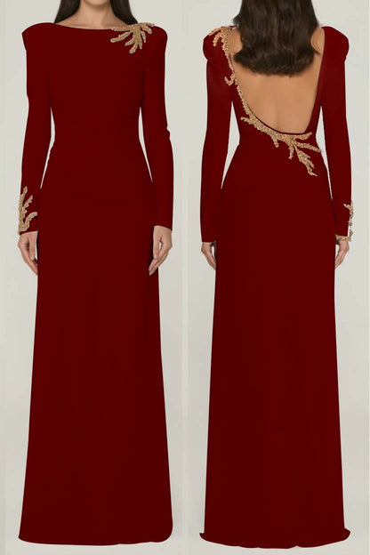 Chic Black Satin Long Sleeves Squre Neck Prom Dress with Rhinestone