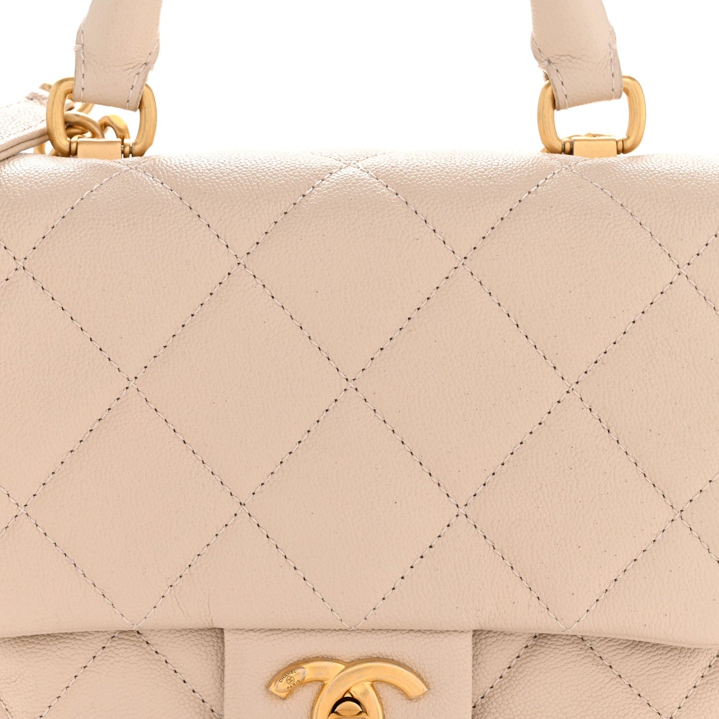 Shiny Caviar Quilted Mini Top Handle Flap Ecru