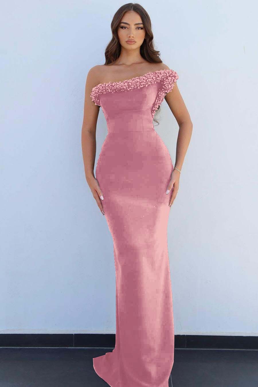 Black One Shoulder Sleeveless Mermaid Long Prom Dress With Beading