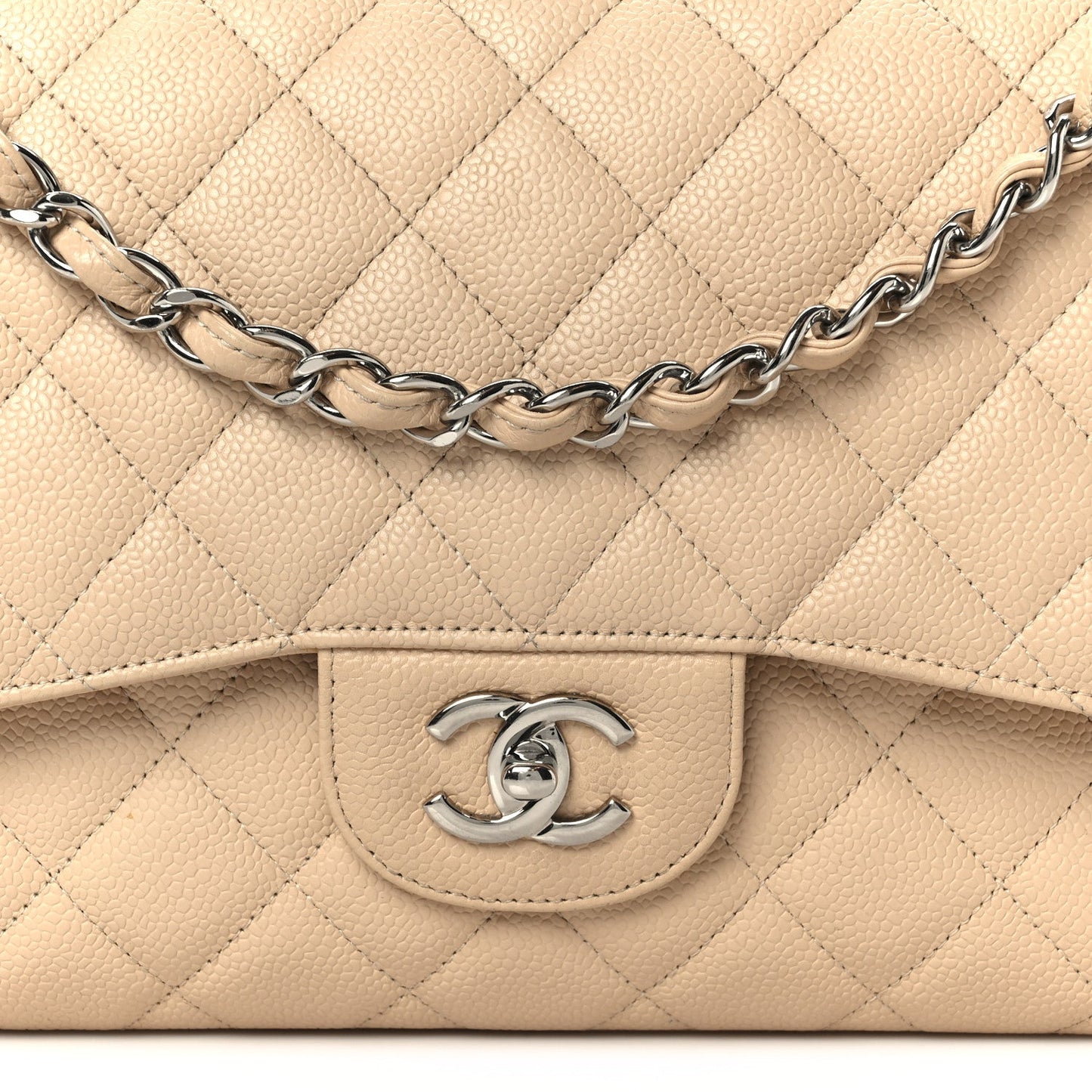 Caviar Quilted Jumbo Double Flap Beige