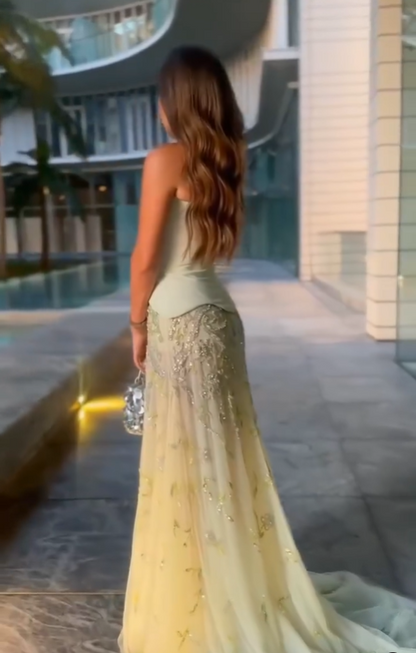 Sage Strapless Tulle Prom Dress Sleeveless with Sequins