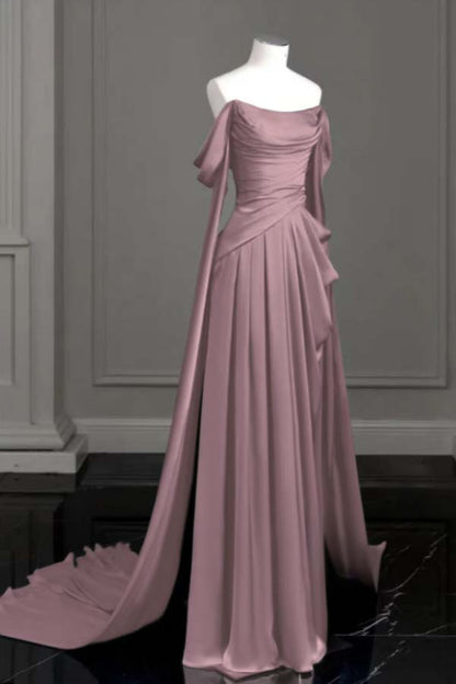 Sleeveless Off-The-Shoulder Pleated Long Prom Dress With Trailing On Both Sides