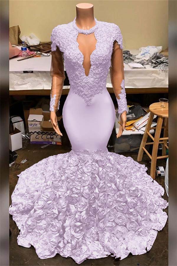 Elegant Mermaid V-Neck Prom Dress Appliques Long Sleeves With Flowers Bottom