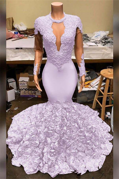 Elegant Mermaid V-Neck Prom Dress Appliques Long Sleeves With Flowers Bottom