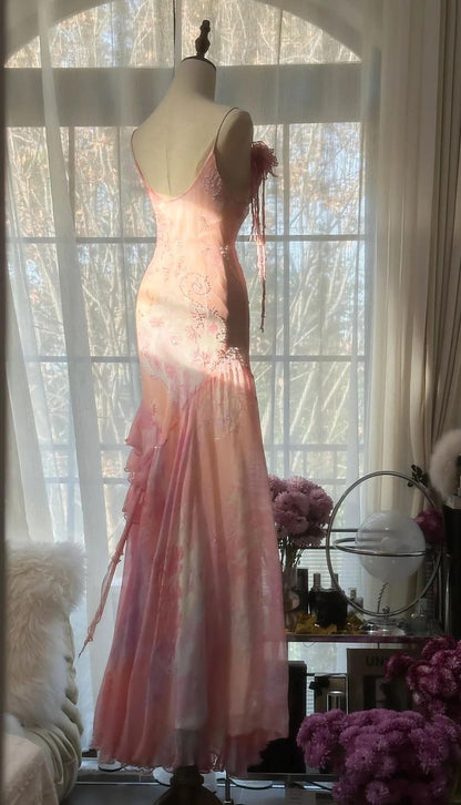 Fairytale Pink Mermaid Spaghetti Strap Beaded Ruffle Chiffon Prom Dress SH2664