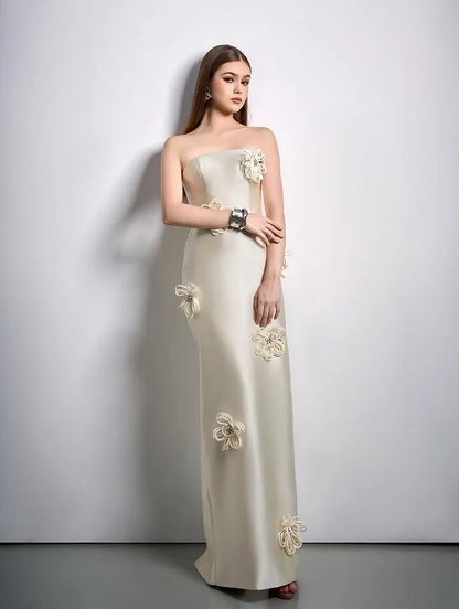 Elegant Ivory Strapless Evening Dress Column Floor Length in Satin with Flower