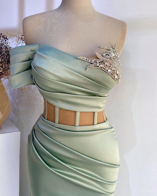 Mint Green Sleeveless Strapless Mermaid Beads Prom Dress