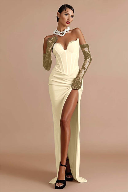Stunning Black Velvet Strapless V Neck Long Split Prom Dress with Lace Gloves