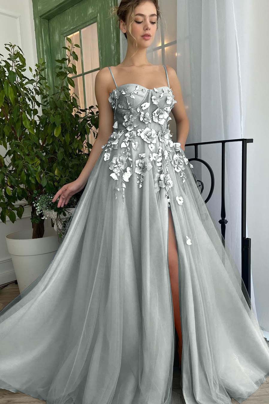Baby Blue Sweetheart Flowers Appliques Spaghetti Strap Prom Dress Side Split