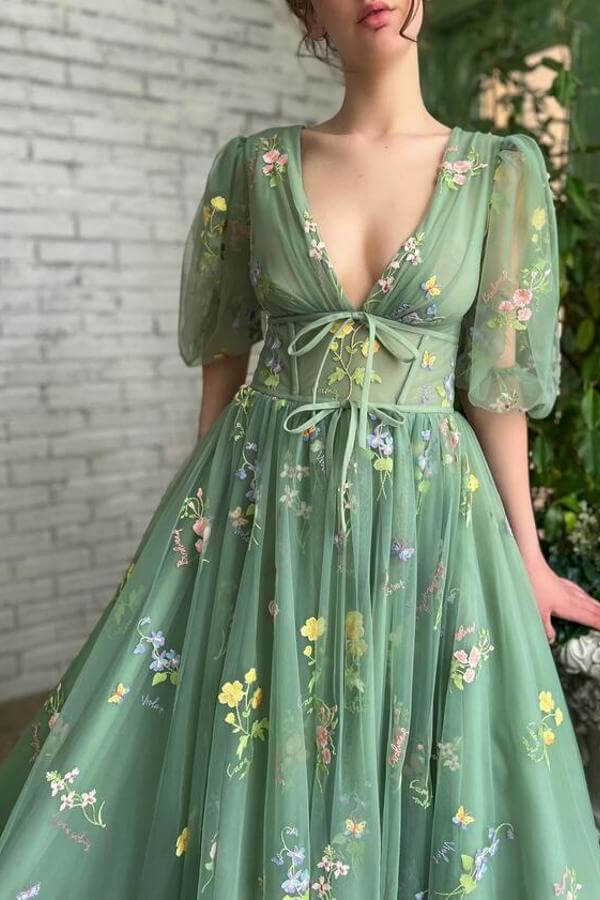 Aqua Beautiful Half Sleeves Deep V Neck Evening dress Tulle with Embroidery Flowers