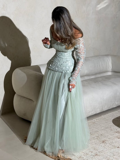 Stunning Long Sleeves Strapless Square Beads Tulle Prom Dress