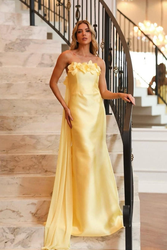 Charming Yellow Satin Strapless Applique Sleeveless Prom Dress with Train