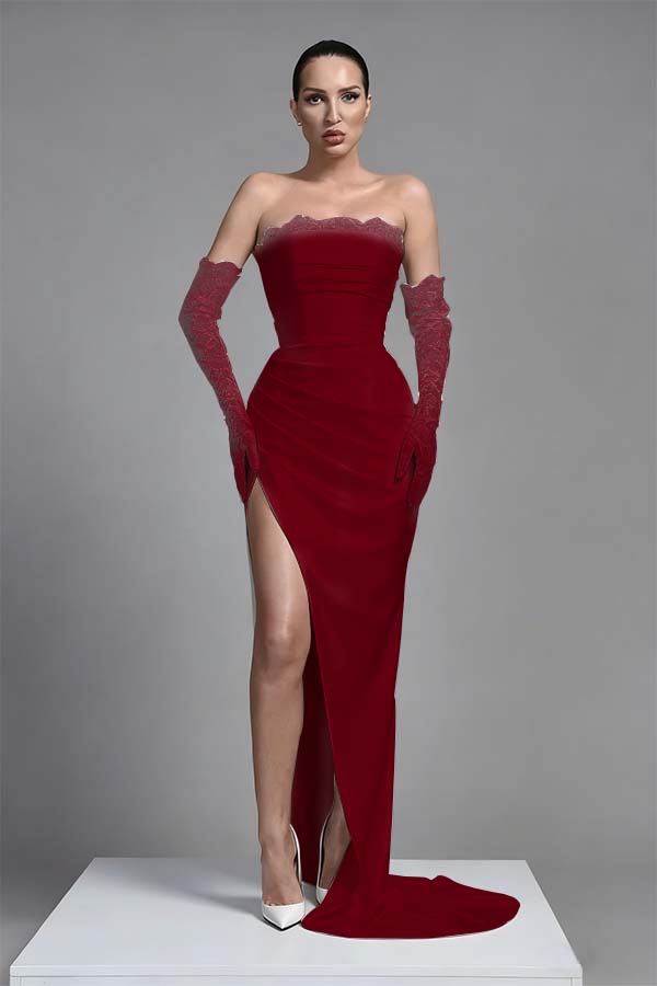 Black Sleeveless Long Split Pleated Evening Dress With Long Gloves
