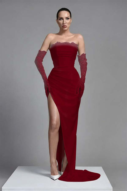 Black Sleeveless Long Split Pleated Evening Dress With Long Gloves