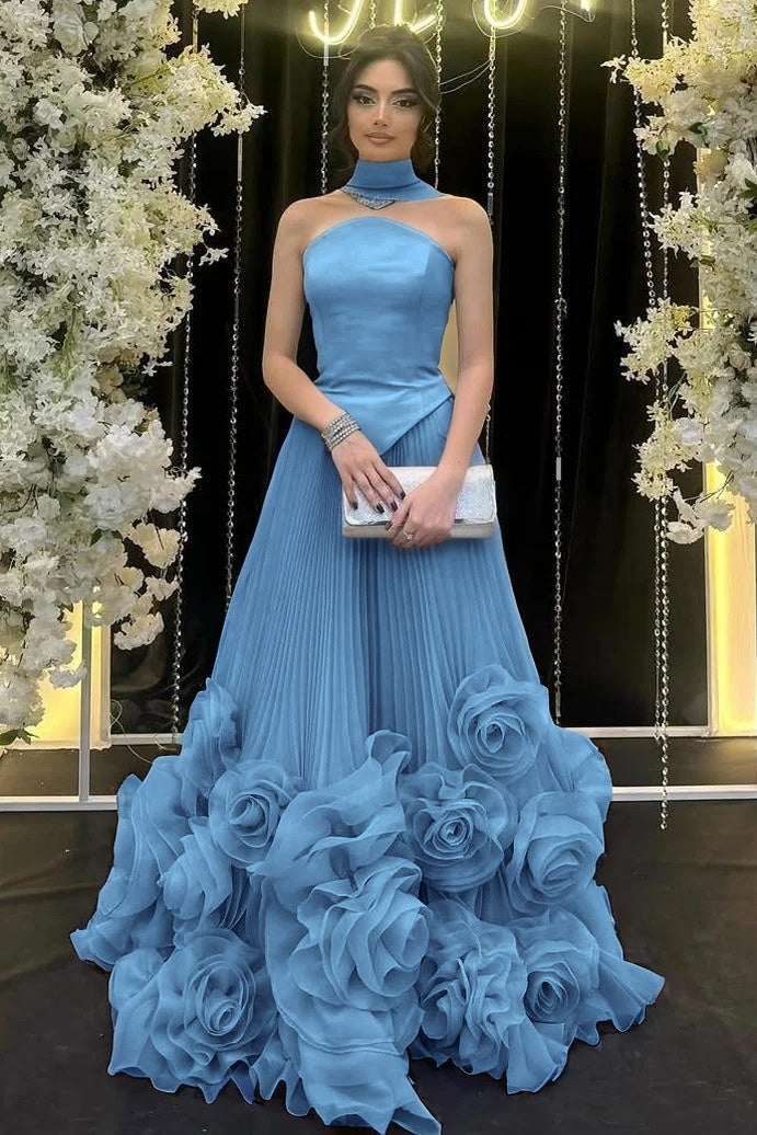 Strapless Sleeveless Long Ruffle Evening Dress With Flower Pleated