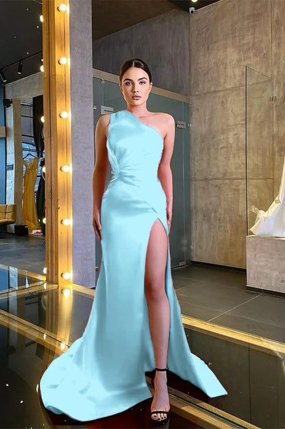 One Shoulder Sleeveless Mermaid Prom Dress Red With Slit
