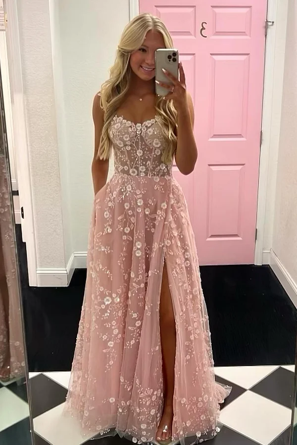 Glamorous Pink Spaghetti Strap Embroidered Sleeveless Prom Dress