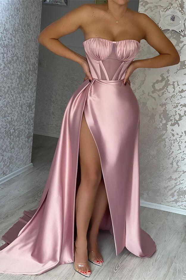 Sexy Pink Strapless Mermaid Prom Dress With Slit Pleats Ruffles