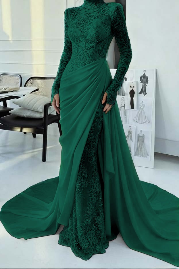 Glamorous Lace Burgundy High Neck Long Sleeves Evening Dress With Appliques