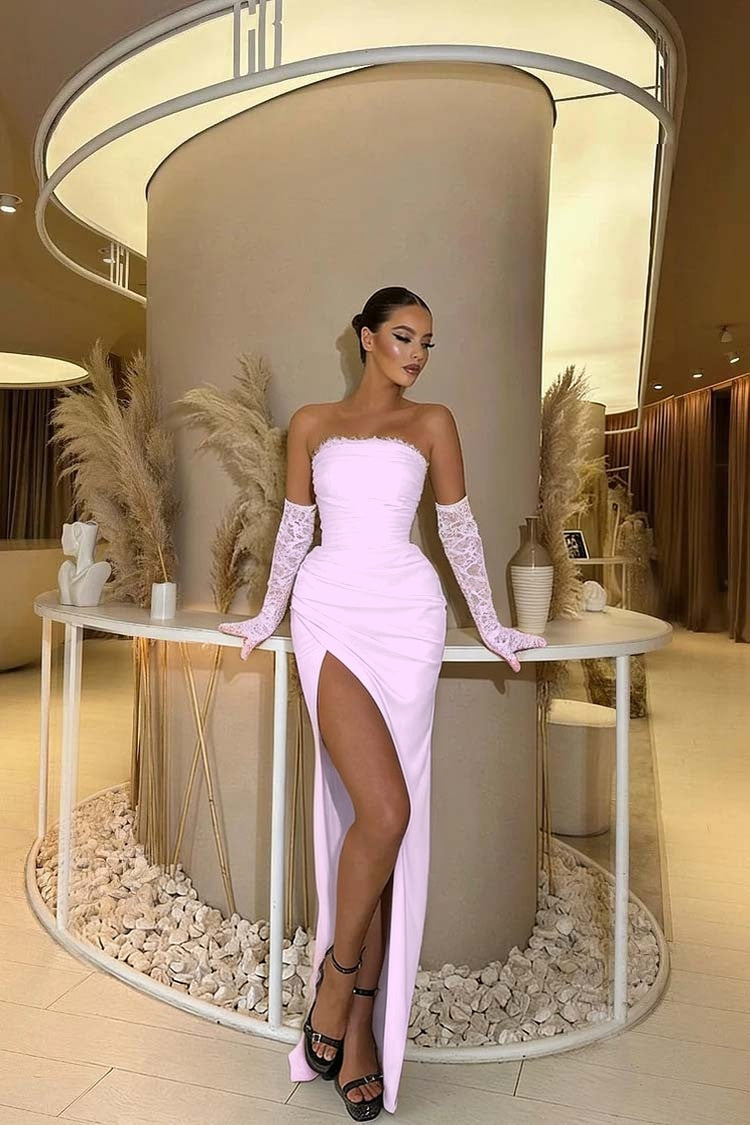 Black Sleeveless Strapless Square Mermaid Lace Prom Dress With Gloves