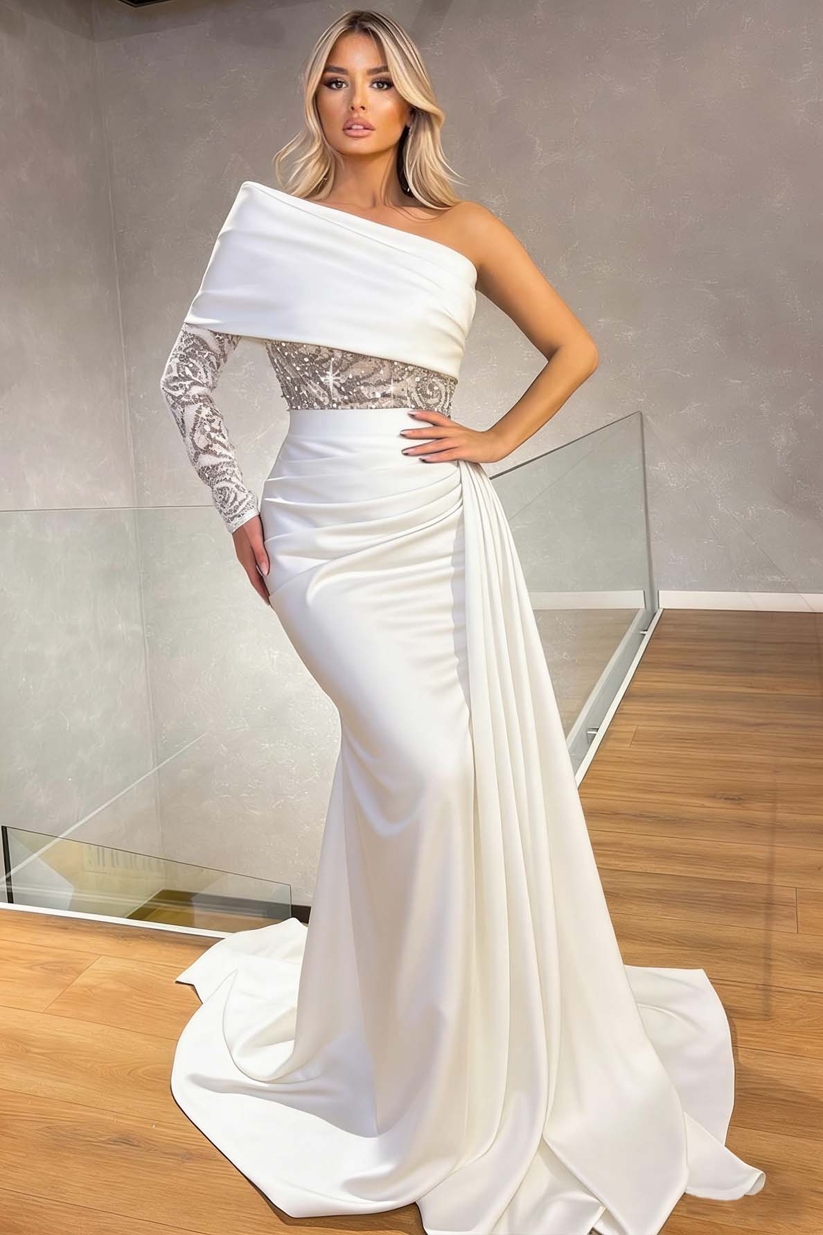 Sexy One Shoulder Long Sleeve Mermaid Evening Dress With Ruffles Sequins