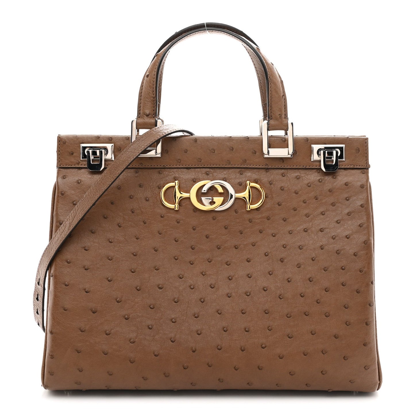 Ostrich Medium Zumi Top Handle Bag Brown