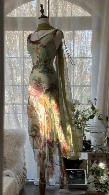 Elegant Green Fairy Gorgeous Floral Long Chiffon Spaghetti Strap Romantic Evening Dress Prom Dresses D1495
