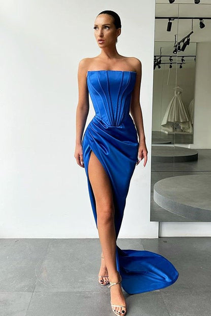 Strapless Slit Long Prom Dress Evening Party Gowns