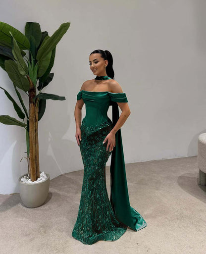 Off Shoulder Beads Mermaid Square Prom Dress With Scarf