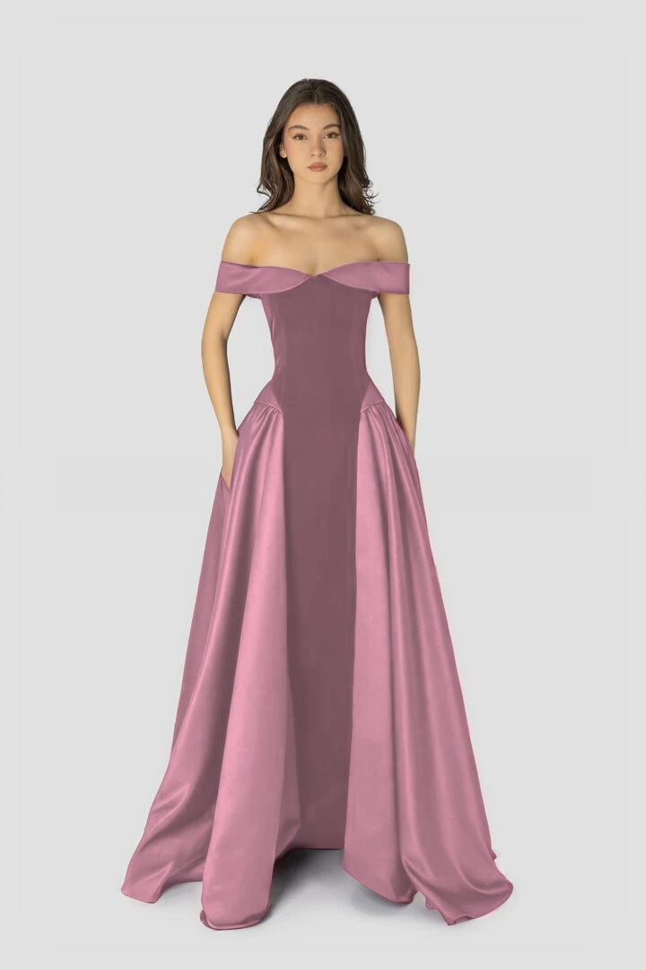 Dreamy Satin Sleeveless Off the Shoulder A-Line Long Evening Dress