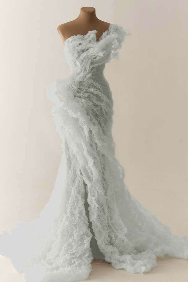 Charming White One Shoulder Sleeveless Pleated Evening Dress with Split