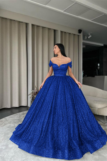 Green Off-The-Shoulder Evening Dress Ball Gown With Sequins