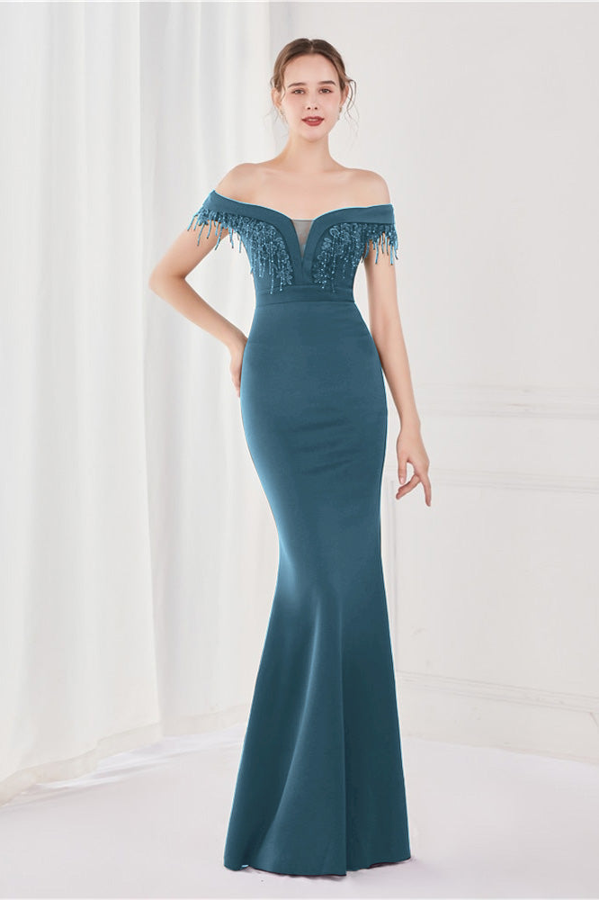Dark Green V-Neck Mermaid Off-The-Shoulder Evening Dress With Appliques Tassel