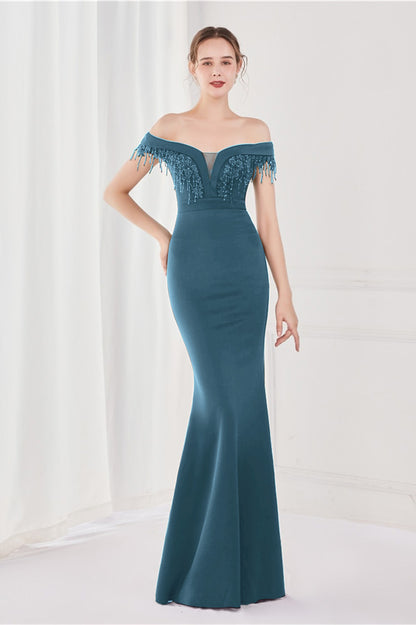 Dark Green V-Neck Mermaid Off-The-Shoulder Evening Dress With Appliques Tassel