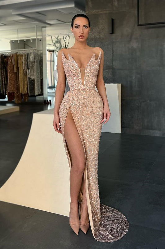 Sleeveless V-Neck Evening Dress Sequins Mermaid With Slit