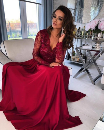 V-Neck Long Sleeve Lace Prom Dress With Slit