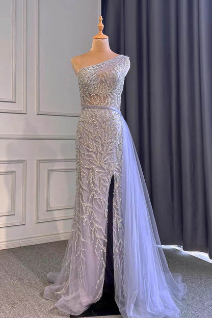 Light Purple Mermaid Beads One Shoulder Prom Dress With Long Ruffles Appliques Front Split