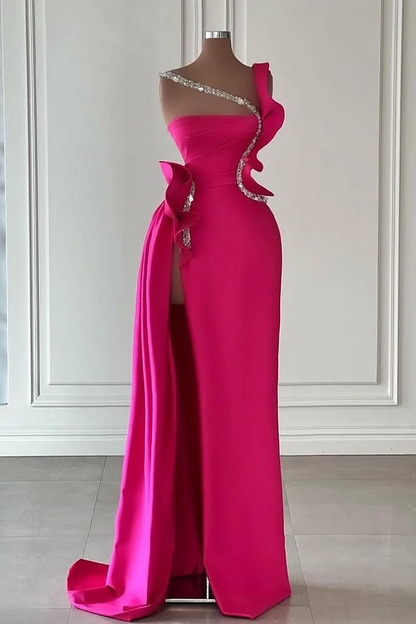 Fuchsia One-Shoulder Strap Sleeveless Square Beads Prom Dress