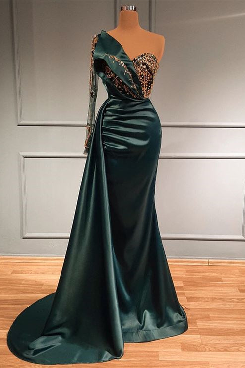 Dark Green Long Lace Sleeves Beads Mermaid Evening Dress With Appliques